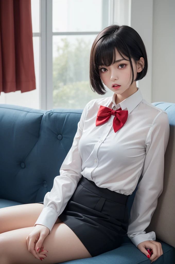 A light-skinned girl with red pupils red bow tie short black hair with a very subtle blue tint, She is wearing a suit with white sleeves and has an angry face. She is sitting on the sofa in the living room.