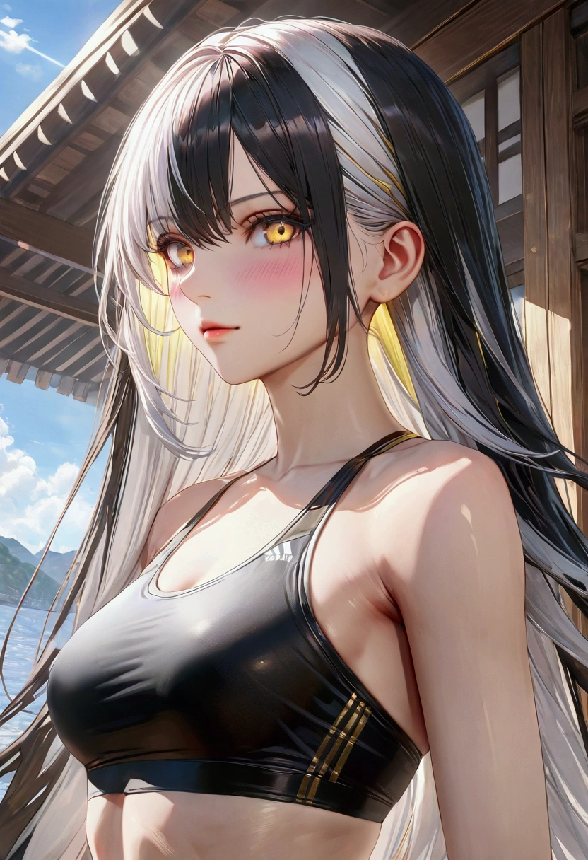 black hair, colored inner hair, white hair, golden eyes, Slender and athletic built, UHD, masterpiece, super detail, best quality, 8k,realistic