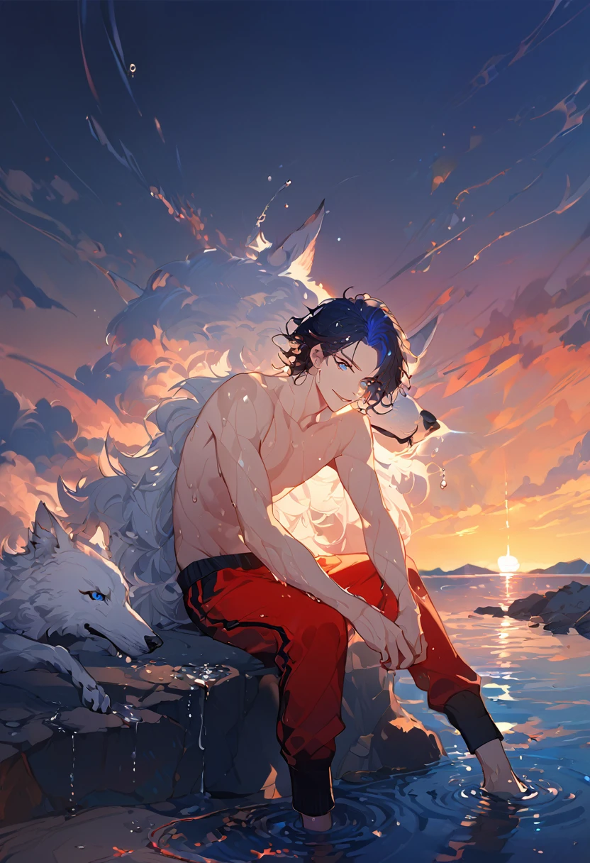 solo, ((male with short dark blue hair with red strip hair and dark blue hair with red gradient), (bare chest), (topless), (muscle), ( jogger pants), (wet), (dripping wet body and hair), (water dripping), (sitting), (one hand rest on the knee), (big white wolf resting on the back)), (bangs), (blue eyes with red gradient), (pale skin), (smirk), ((high quality)), (extremely detailed),8k, 4k, clean line art, detailed line art, resting on the big wolf, white big wolf, simple background, water background, dark background, not bulky, no top clothes, inspired by Asukaziye artist : ask, art style : ask