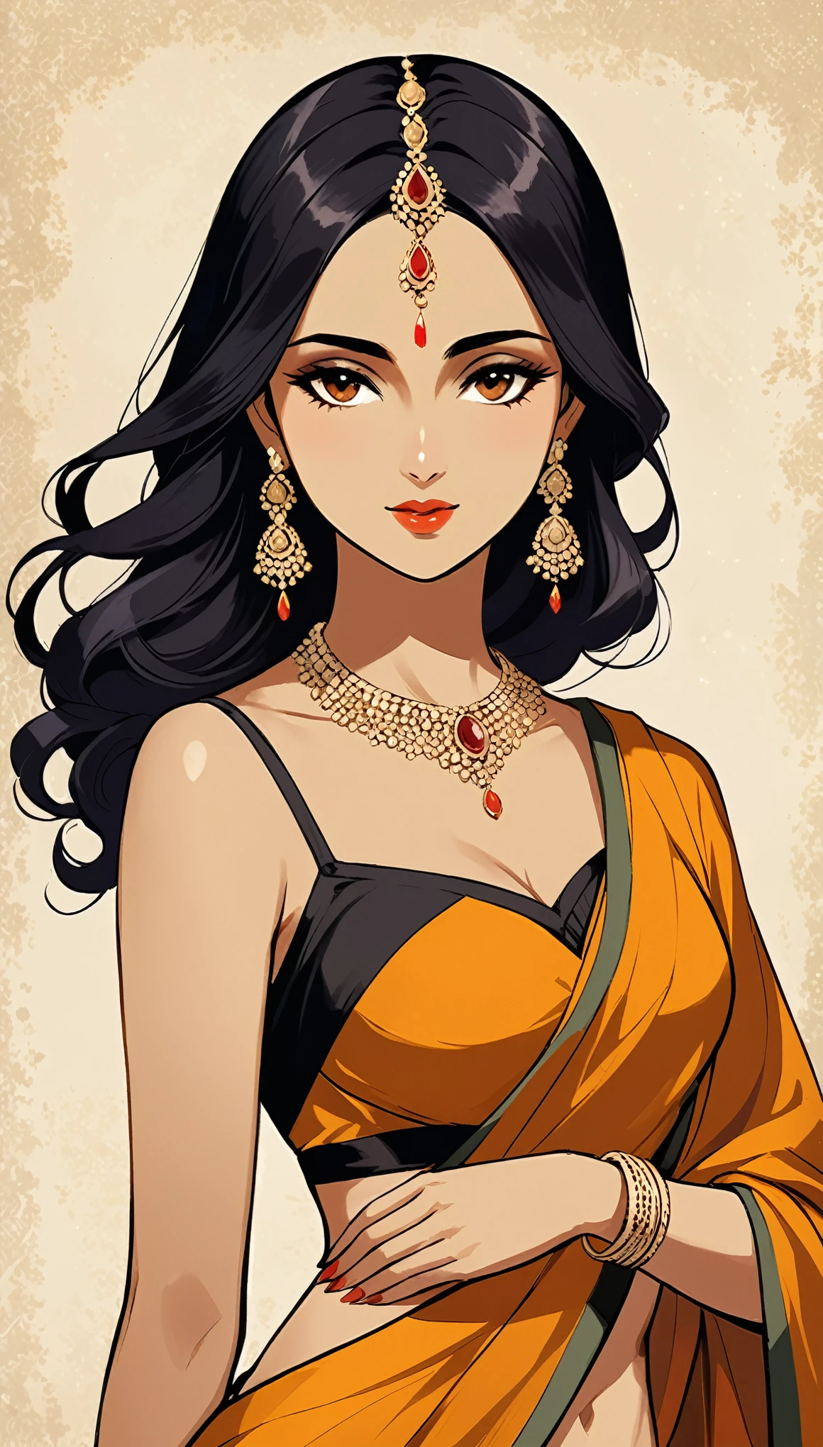 in style of Amrita Sher-Gil,character concept design,half body,1girl