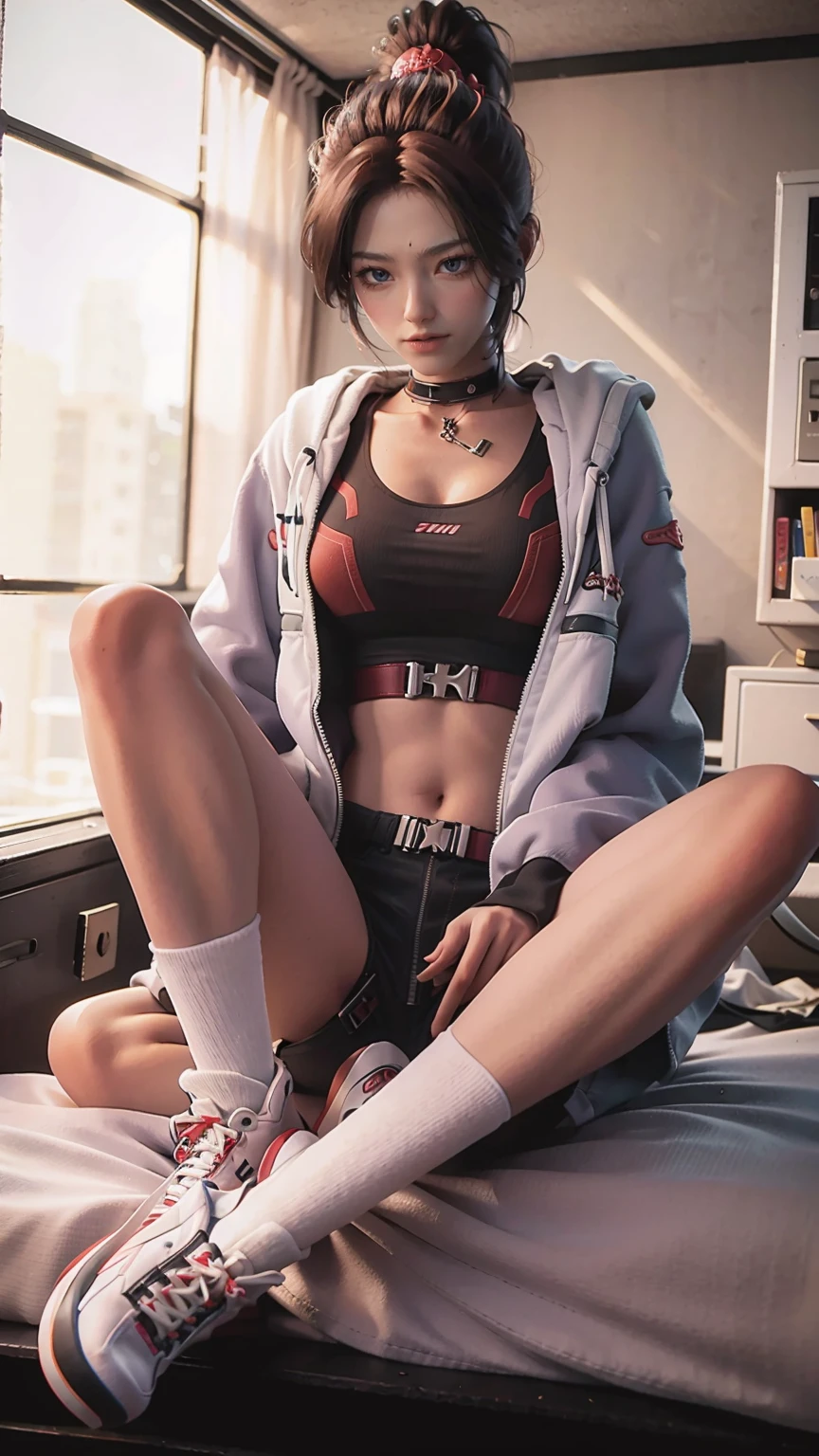 a beautiful young woman with brown eyes and brown hair, sitting cross-legged on a bed, one leg slightly raised, wearing black shorts, a red tank top, an open white jacket, white thigh-high socks, and sneakers, against a fiery background, in an athletic pose