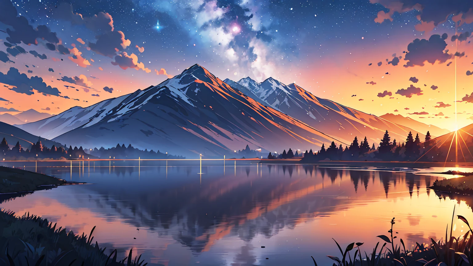 (masterpiece, best quality),sunset,wide lake, calm,Milky Way,cloud, Evening,A lake like a mirror,sublime, A famous scene that will be remembered in history