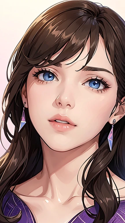 {8k imaging}, 1 beautiful adult, 35 years old, Pointed nose, thick lips, triangle face, Big hair with bangs (wine), blue eyes, {Directly watch the viewer}, {Expectations}, {perfect anatomy}, {Focus only on images of faces}, {Portrait of the face}, Purple background, Amazing, Shiny, shine, Sexy、Small face