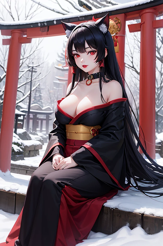 Detailed facial details，，1 girl，Red lips，Cat ear，Black long hair，Large Breasts，Wearing a snow-white kimono, Slim fit，Collar，Charming red eyes，Radiant Skin，Sitting on the grass，Torii，shrine，forest，river