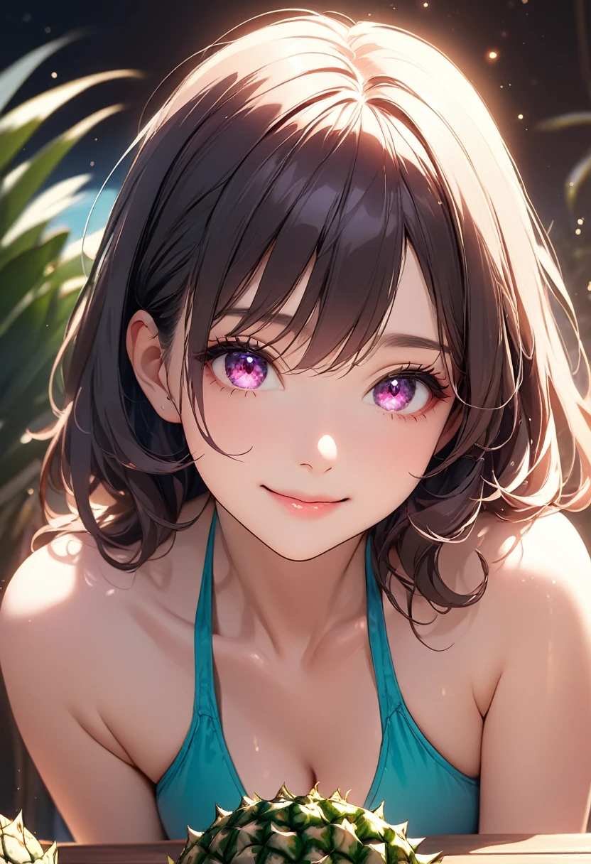 (masterpiece:1.5),(Beet quality),(High resolution),1 girl solo,Beautiful Face,smile(Shining Eyes),Upper Body,Light effects,Woman in high-necked swimsuit,Tropical Beach,Cut pineapple on the table