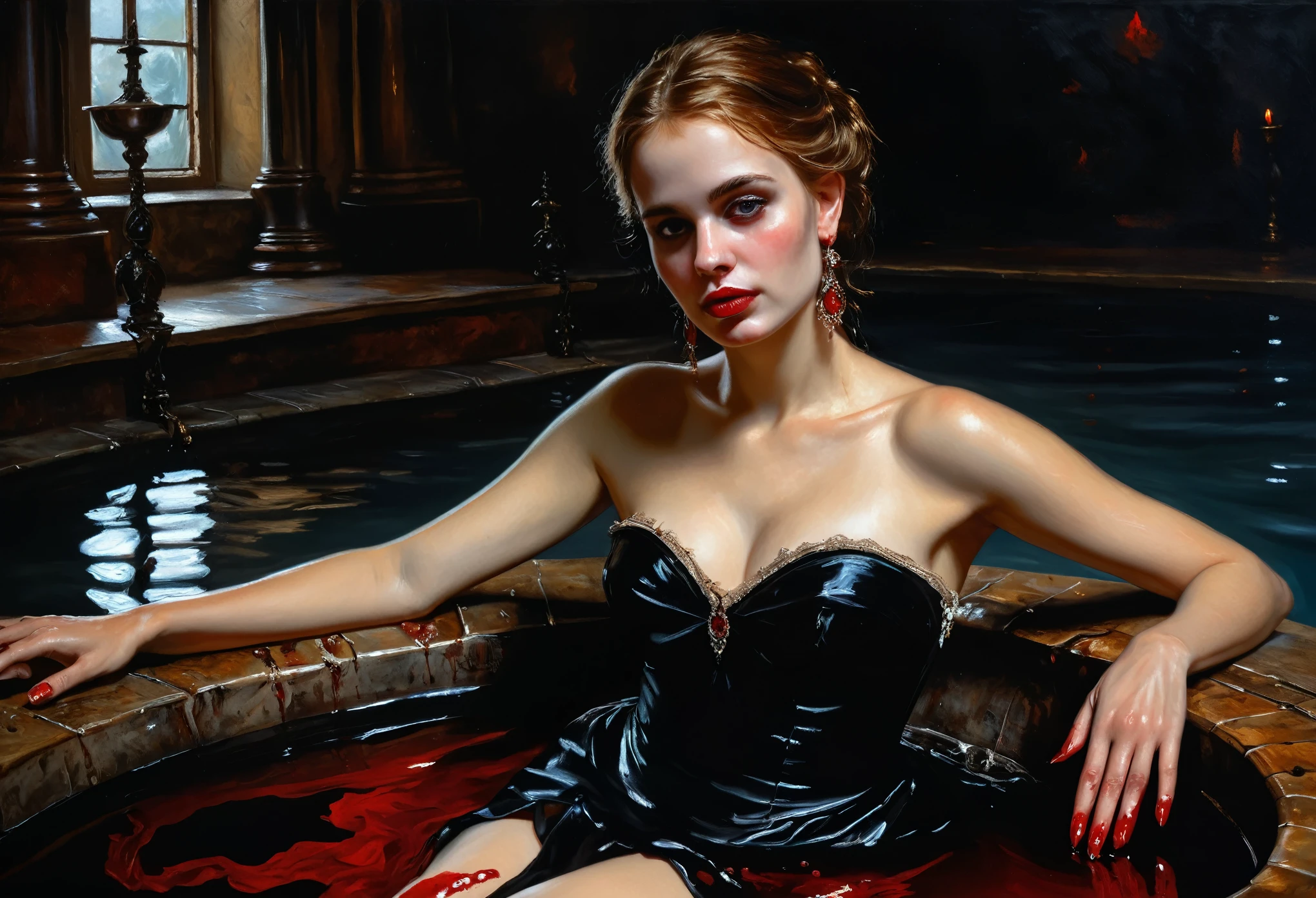 oil painting of a woman in a black dress with red nails in a pool of blood, by Willem Kalf, inspired by Willem Kalf, by Eugenio de Arriba, andrew atroshenko, by Vladimir Novak, gothic art, gothic rich deep colors, extremly detailed oil painting, by Eugeniusz Zak, inspired by Andrea Pozzo, detailed 4 k oil painting