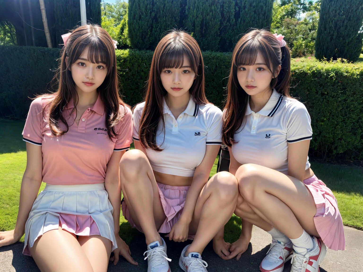 masterpiece, best quality, illustration, Super detailed, fine details, High resolution, 8K,wall paper, perfect dynamic composition,(Details High quality, realistic depiction of eyes:1.3), (2 girls), BREAK (white theme:1.4), (tucked-out short sleeve white polo shirt:1.4), (pink lines on tops outline:1.3), (pure white pleated mini skirt:1.3), (hem of top covers top half of skirt:1.3), (pink fluffy scrunchie on wrist:1.3), (white and pink sports shoes:1.2), sitting, open legs, short bob hair, in a hotel room in the background, deep on field, (large breasts:1.2), black hair color, Big Natural Color Lip, (perfect body shape), crying a little、Harajuku style、20 year old girl、cute type、beautiful legs, Gravure Idol