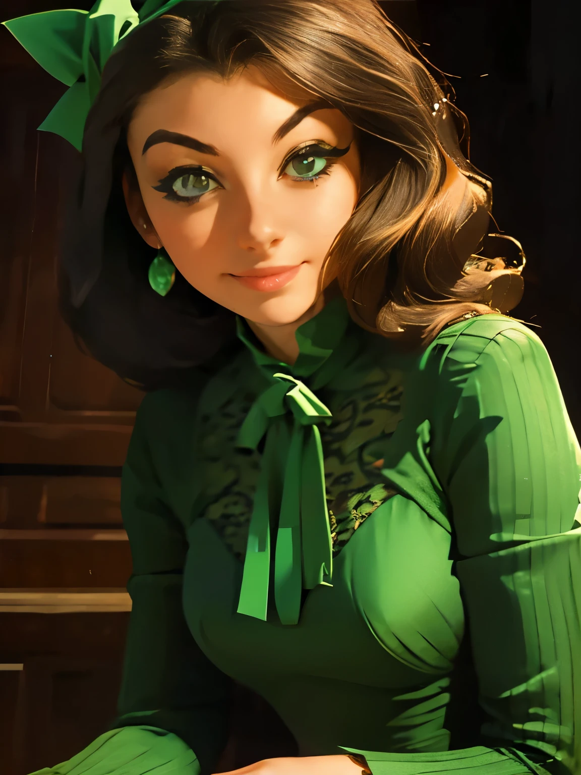 arafed woman in a green dress with a green bow, by Eliseu Visconti, 1 9 7 6, 1976, in a high renaissance style, 1 9 7 7, 1977, gregoire and manon, 1 9 7 3, 1973, 1971, 1 4 8 0 s