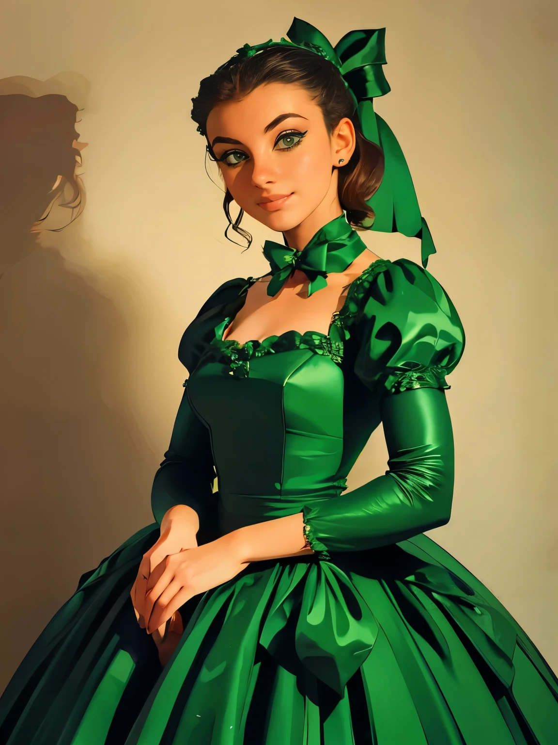 arafed woman in a green dress with a green bow, a photo by Eliseu Visconti, flickr, renaissance, 1 9 7 6, 1976, in a high renaissance style, 1 9 7 7, 1977, gregoire and manon, 1 9 7 3, 1973, 1971