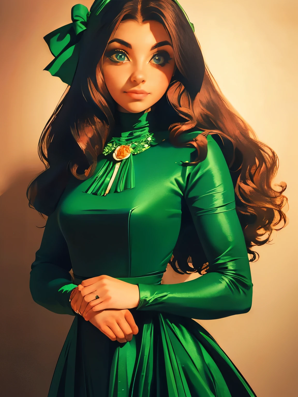 arafed woman in a green dress with a green bow, a photo by Eliseu Visconti, flickr, renaissance, 1 9 7 6, 1976, in a high renaissance style, 1 9 7 7, 1977, gregoire and manon, 1 9 7 3, 1973, 1971