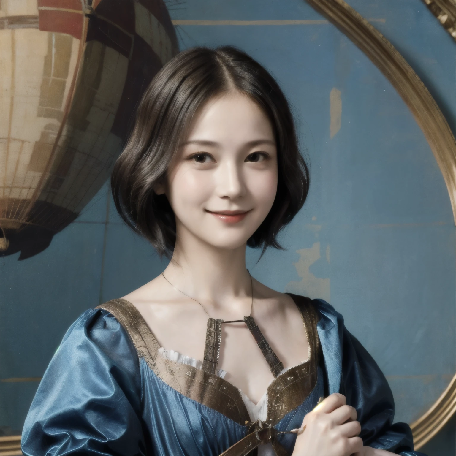 263 20-year-old female,(Short Hair 46),(chest:1.5),Old-fashioned smile,(Paintings by Leonardo da Vinci),(airship,Blueprint)