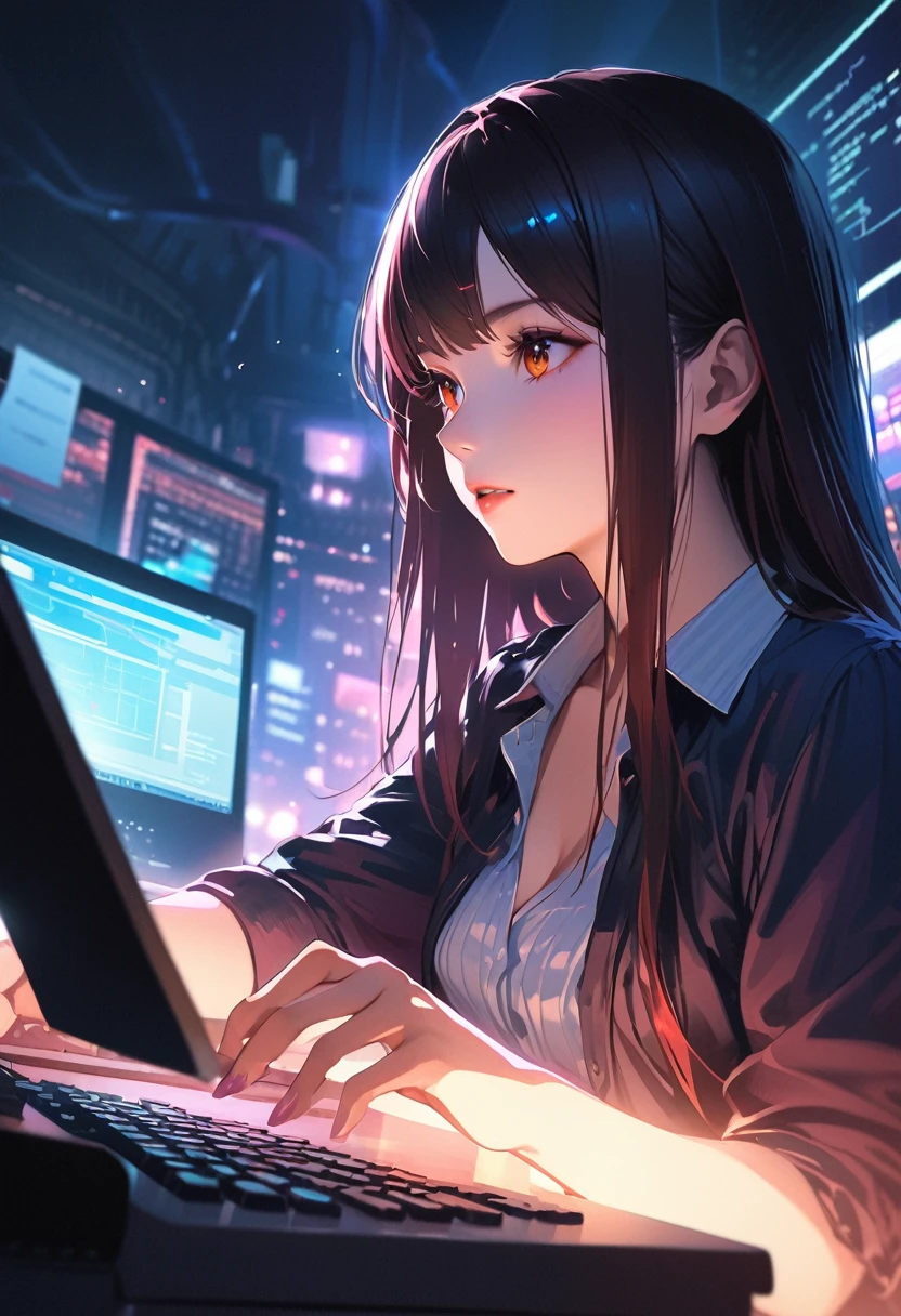 Digital Art,Fantasy、Semi-realistic、Anime style illustrations,High quality、Detailed Description、A woman in her twenties is typing in the office、Distinct colors、Glowing Skin, Cinematic Lighting Effects
