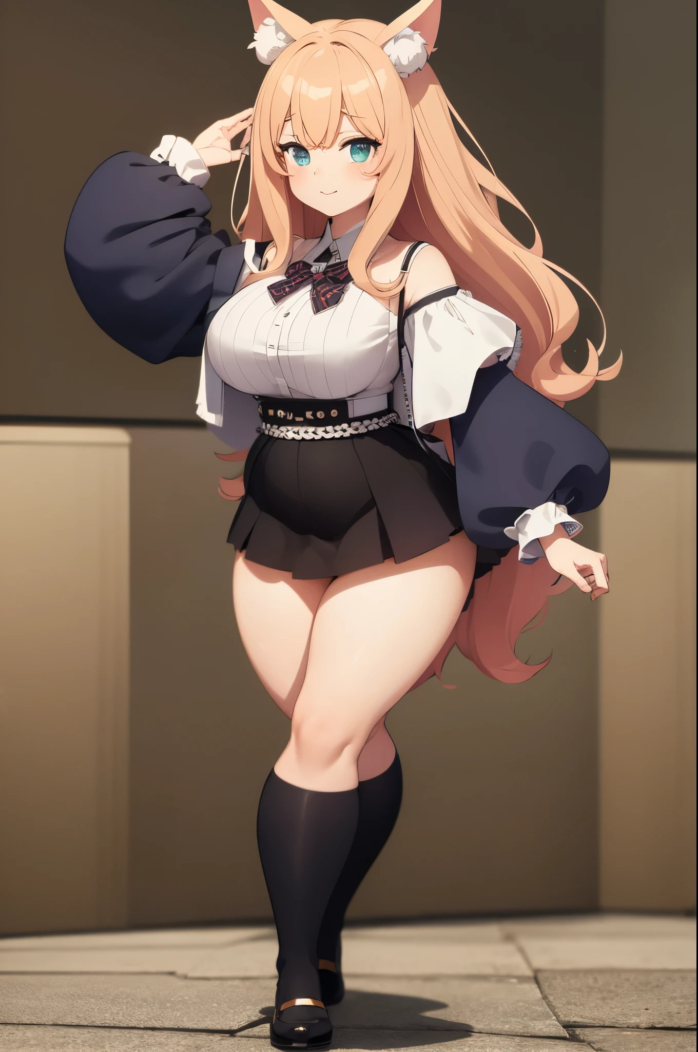 A chubby and thicc short anime girl stands confidently. Her long, fluffy rabbit ears sprout from the top of her head, adding an air of whimsy to her gyaru-inspired fashion sense. She is a bratty high school delinquent who waers a uniform with suspenders A statement jacket drapes elegantly over her shoulders, featuring puffed sleeves that add a playful touch near the wrists that are wearing a band of beads. The full-body portrait showcases her vibrant personality and style. fantasy character design,score_9