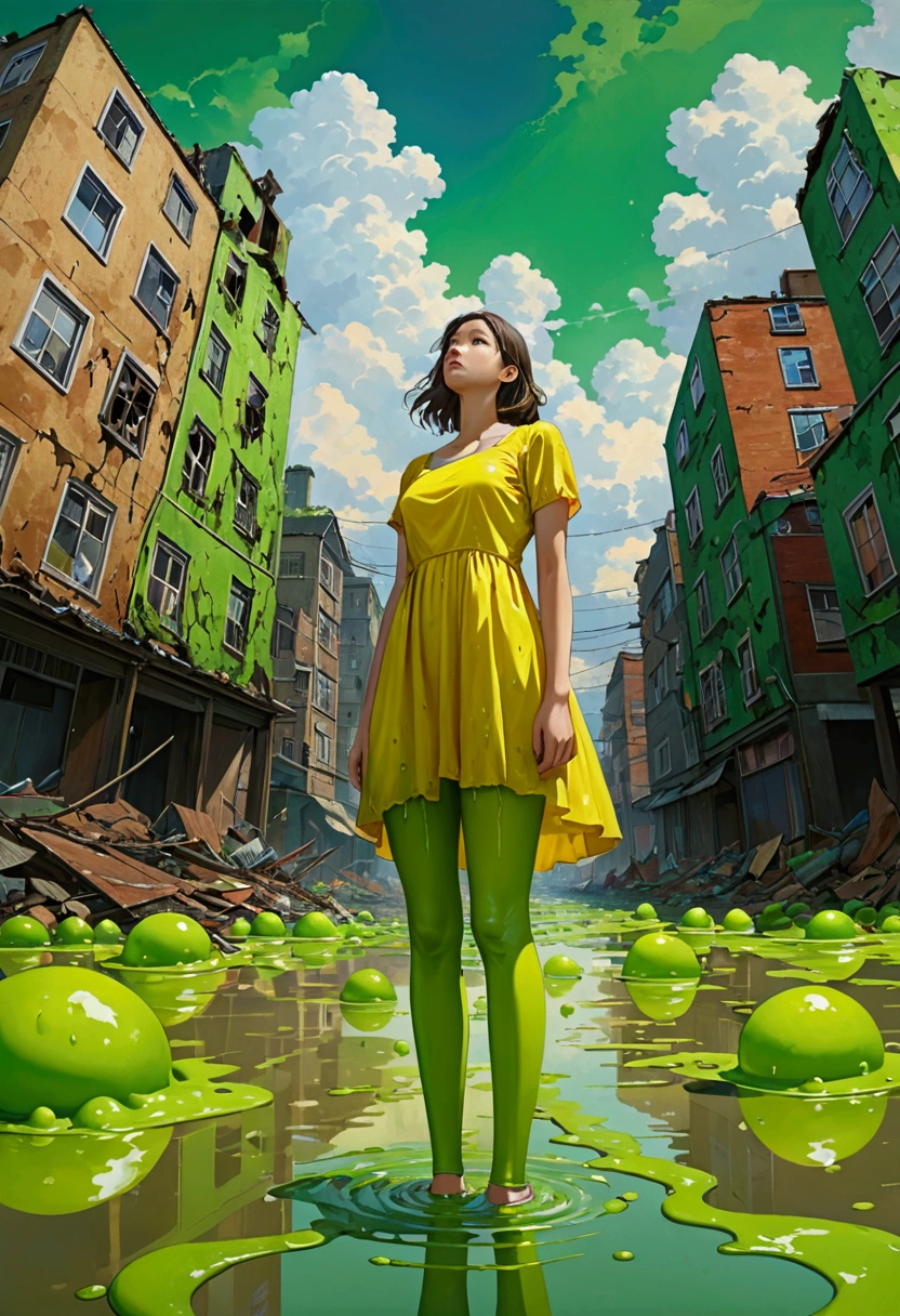 After the end of the world，(Low Angle Shot), A woman stands in the foreground. Her bright yellow-green dress, Green gel leggings, . The scenery behind her is buildings that have melted into goo., Plastic green top, They are all dripping with the same sticky mucus. The sky is covered with dark clouds，Epoly，In stark contrast to surrealism