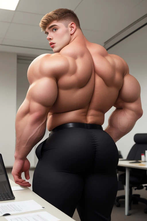 4 meter tall slightly overweight white men. 20 years old. Childish Young hairless fresh face. In london with friend. Very sexy Posing for camera. Muscular. Wearing a tight black and office suit . Big ass. Smooth body and face. Belly seen. Long long legs. View from the back.