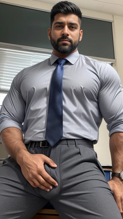 40 years old handsome hunk indian teacher with small beard mascular dark skin jaat with spiky hairstyle, head to thighs, beautiful eyes, large lips, volumeric light, wearing button opened shirt showing hairy chest with opened zip grey trouser with grey tie, huge bulge show at front of children, muscular chest, long legs, Wide shoulders, nice detailed hands, standing with spread legs in classroom background, sunny day, daylight, huge bulge, erect bulge, seductive, erotic, exotic 