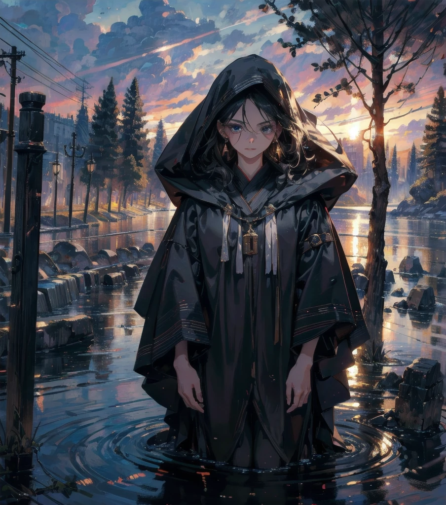 absurdres, RAW photo, extremely delicate and beautiful, masterpiece, Best Quality, ultra high resolution, 32k, hyperrealistic, ultra-detailed, Very detailed CG 8k wallpaper, detailed background, landscape, Beautiful Lighting, Perfect Lightning, Realistic Shadows, perfect anatomy, anatomically correct, ideal ratio body proportions, perfect figure, Perfect Style, Perfect balance, super Detailed skin, in her 30s, very Slim body, narrow waist, very small head, very small face, delicate facial features, handsome detailed woman, very detailed eyes and face, realistic face proportions, Realistic beautiful face, Realistic beautiful eyes, tearful mole, earring, whole body shot, very huge round tits, medium hair, asymmetrical hair, wavy hair, outdoor, road black robe, hood, cape, mage, holy girl,