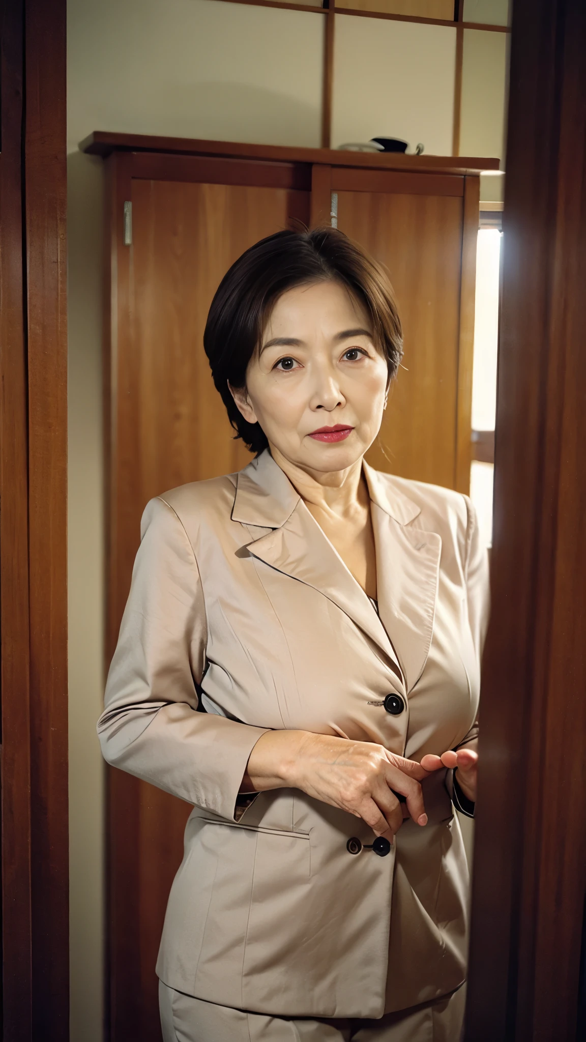 Masterpiece, Depth of written boundary, ((Great focus)), gravure, 32K, Beautiful finish, Japanese, A natural pose, Beautiful mature woman, 90-year-old woman, High Career, Corporate Executive, Photo of your ID, Long face, Big Breasts, Accentuate your breasts, Red lips, Thin lips, business suit, Alluring, Light from the front, 