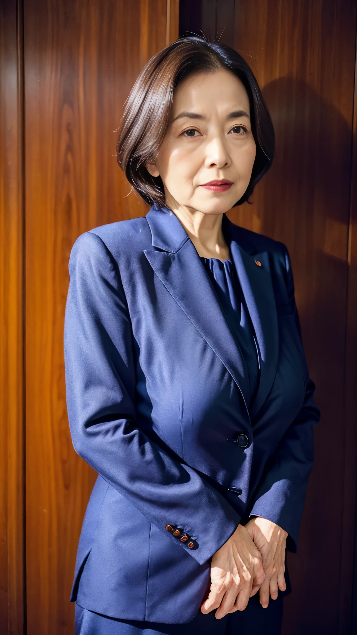 Masterpiece, Depth of written boundary, ((Great focus)), gravure, 32K, Beautiful finish, Japanese, A natural pose, Beautiful mature woman, 90-year-old woman, High Career, Corporate Executive, Photo of your ID, Long face, Big Breasts, Accentuate your breasts, Red lips, Thin lips, business suit, Alluring, Light from the front,