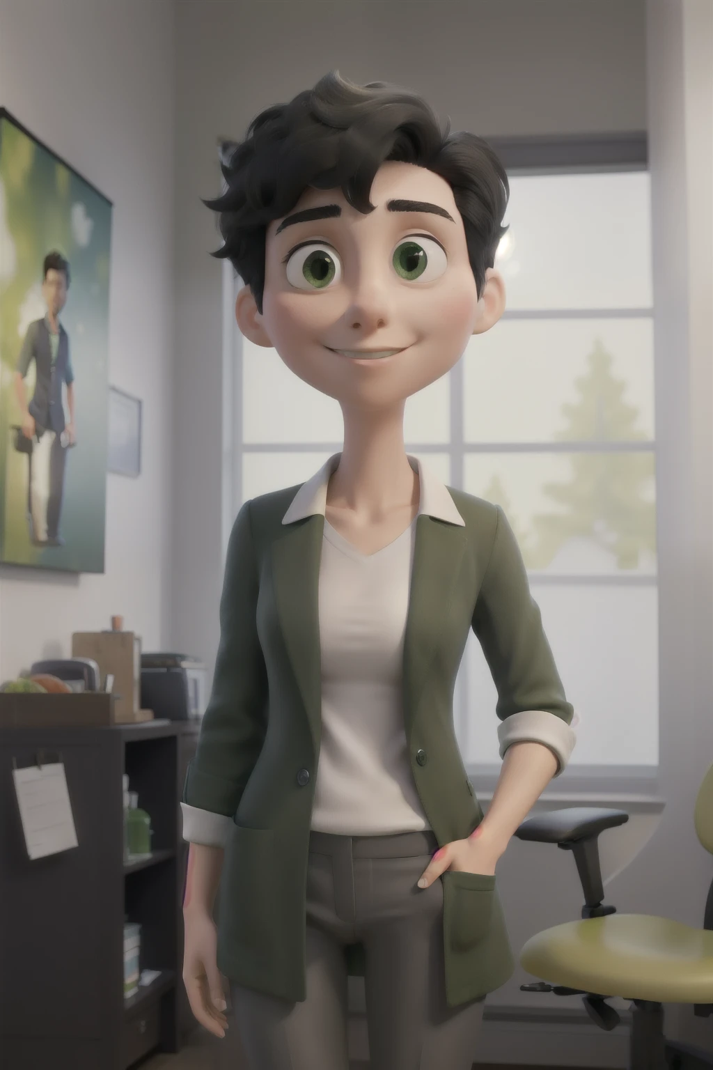 Masterpiece artwork, best qualityer. consulting room: Portrait of physiotherapist , 35 year old, short black hair. Works in chiropractic, wears a green coat and white pants.