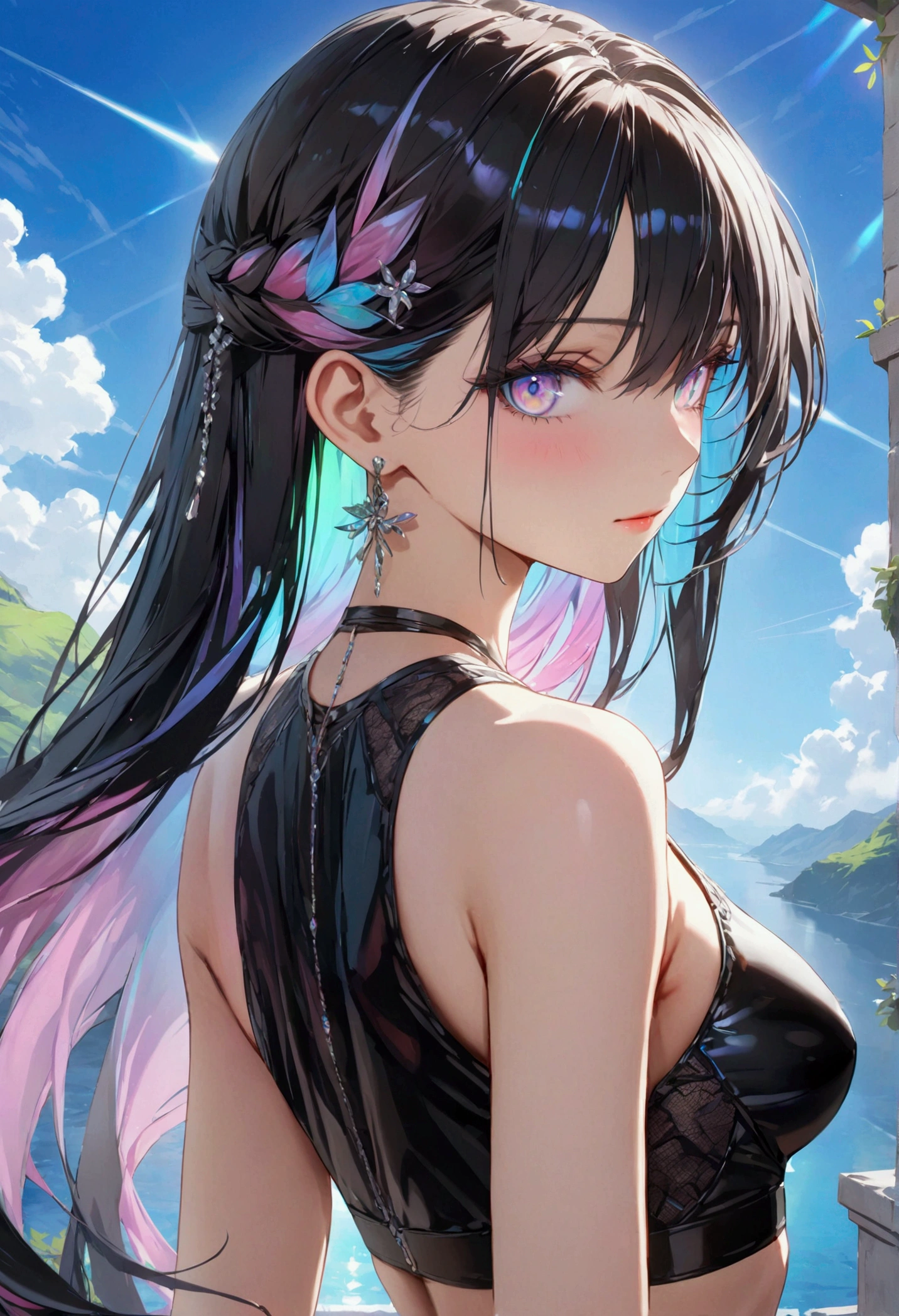 black hair, colored inner hair, iridescent hair, iridescent eyes, Slender and athletic built, UHD, masterpiece, super detail, best quality, 8k