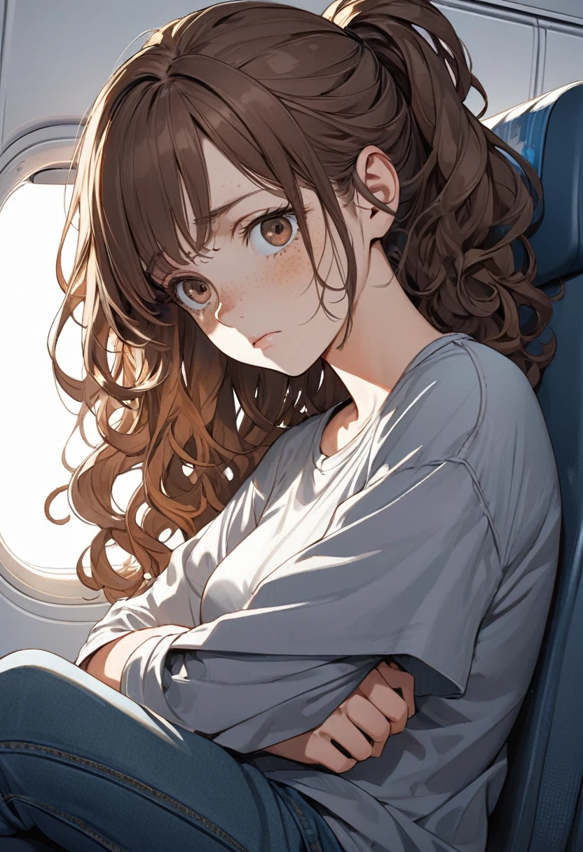 Illustration, detailed illustration, ultra detailed, 1girl, medium brown hair, wavy hair, big brown eyes, light freckles, medium breasts, gaunt face, expressionless, unhealthy, sitting, airplane interior, loose t-shirt, loose jeans, hugging self, hollow eyes, loose ponytail