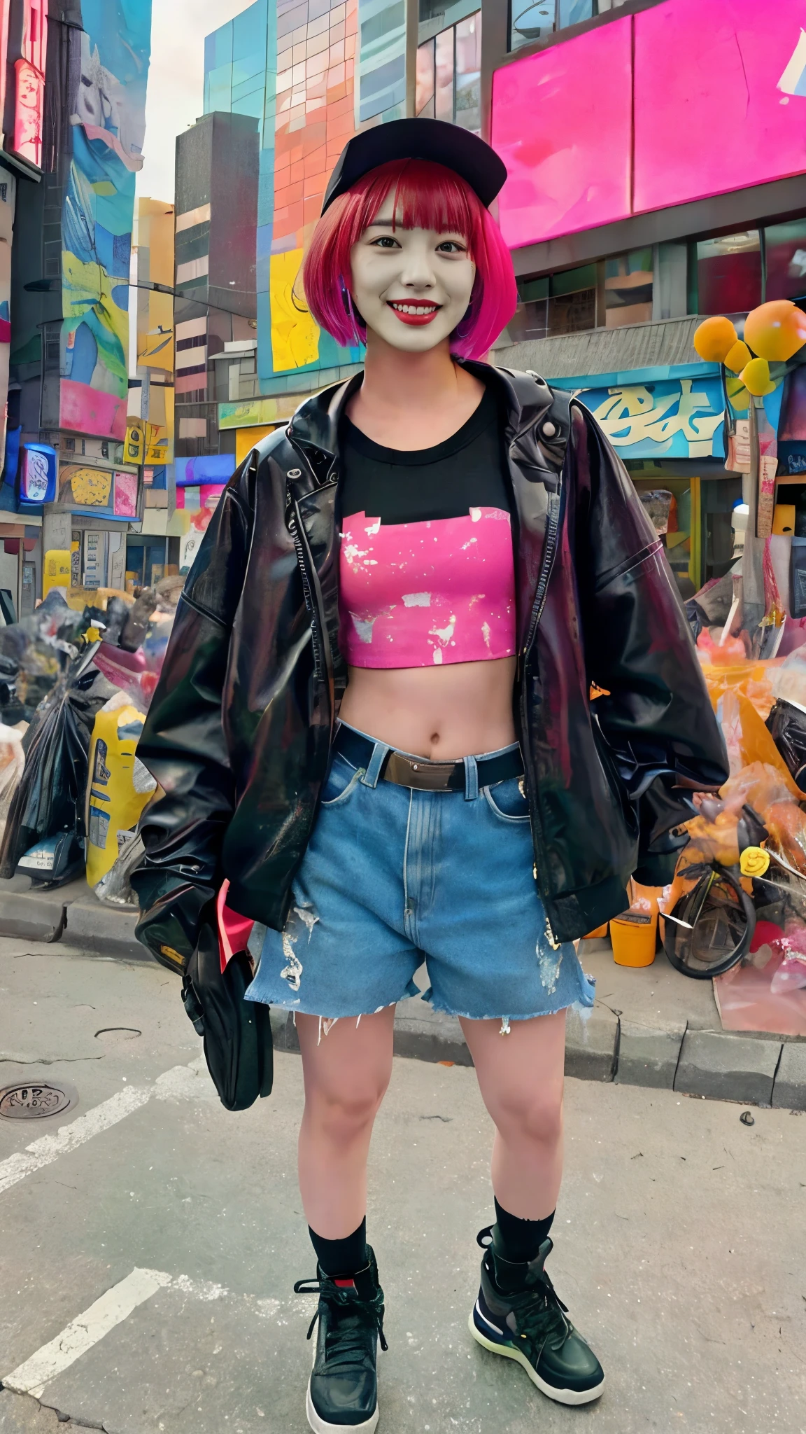 Moisturized skin, realistic body, (), (girl), earrings, (cute face), cheerful smile, 90s hip-hop outfit,
BREAK,
Bright red lipstick, beautiful hair, gradient hair, short hair,
BREAK,
(masterpiece, highest quality, high resolution, highly detailed), (full body: 1.2), symmetrical, one shot,
BREAK,
(wind blowing), Western cityscape,
BREAK,
Fantastic, dynamic, (selfie), (fisheye lens), neon, cyberpunk movie, selfie, in cyberpunk city, baseball cap, iPhone, street snap,