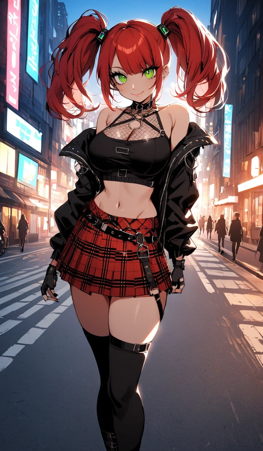 woman, smile, curly red hair in pig tails, green eyes, eye shadow, wearing crop top black shirt, long black jacket, red plaid skirt, (black knee high boots), black finger-less gloves, exposed shoulders, large breasts, freckles, cleavage, fishnet undershirt, looking at viewer, Holo-Punk Style, in the city