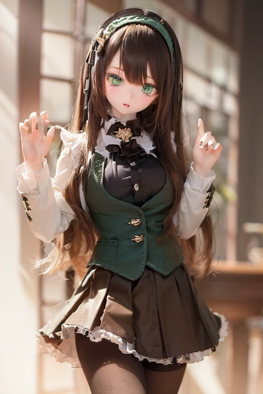 (SFW:2), photorealistic, realistic photo, 8k, ((highest quality)), ((masterpiece)), (extremely detailed), kukolnydom, doll, (mature woman, 21yo, 21 years old, solo:1.6), ((cowboy shot,sitting on chair, head tilt, slim, slender, skinny, medium breasts, hairband, ascot, vest, blouse, long puff sleeves, pleated skirt, black pantyhose)), (green eyes, brown hair, long hair, plastic skin, looking at another, glass eyes, gradient eyes, shining eyes, detailed eyes:1.3)