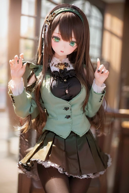 (SFW:2), photorealistic, realistic photo, 8k, ((highest quality)), ((masterpiece)), (extremely detailed), kukolnydom, doll, (mature woman, 21yo, 21 years old, solo:1.6), ((cowboy shot,sitting on chair, head tilt, slim, slender, skinny, medium breasts, hairband, ascot, vest, blouse, long puff sleeves, pleated skirt, black pantyhose)), (green eyes, brown hair, long hair, plastic skin, looking at another, glass eyes, gradient eyes, shining eyes, detailed eyes:1.3)