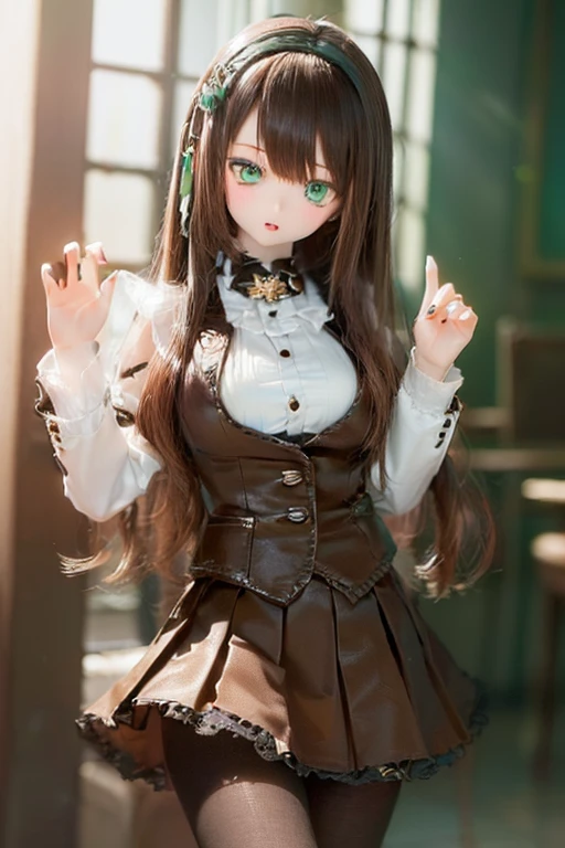 (SFW:2), photorealistic, realistic photo, 8k, ((highest quality)), ((masterpiece)), (extremely detailed), kukolnydom, doll, (mature woman, 21yo, 21 years old, solo:1.6), ((cowboy shot,sitting on chair, head tilt, slim, slender, skinny, medium breasts, hairband, ascot, vest, blouse, long puff sleeves, pleated skirt, black pantyhose)), (green eyes, brown hair, long hair, plastic skin, looking at another, glass eyes, gradient eyes, shining eyes, detailed eyes:1.3)