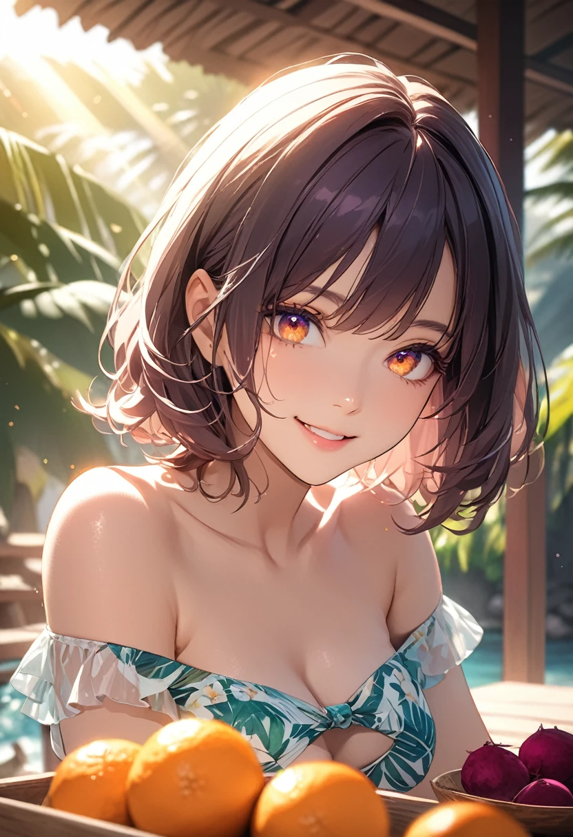 (masterpiece:1.5),(Beet quality),(High resolution),1 girl solo,Beautiful Face,smile(Shining Eyes),Upper Body,Light effects, Woman in off-the-shoulder bikini,Tropical Beach,Cut oranges on the table
