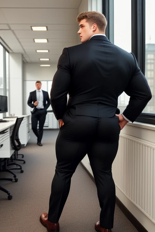 4 meter tall slightly overweight white men. 20 years old. Childish Young hairless fresh face. In london with friend. Very sexy Posing for camera. Muscular. Wearing a tight black and office suit . Big ass. Smooth body and face. Belly seen. Long long legs. View from the back.