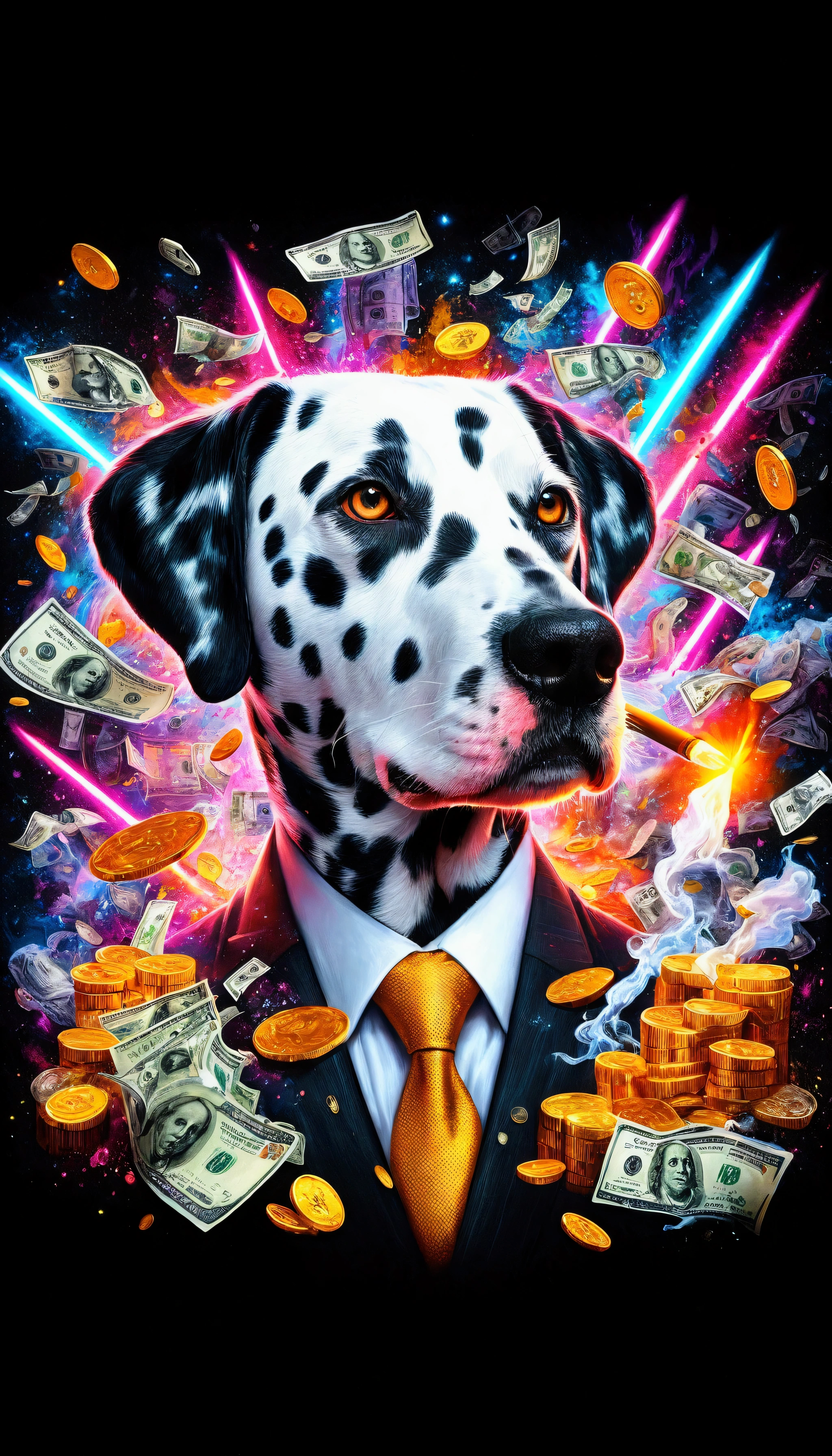 dalmatian dog in suit with money and tie, spotted ultra realistic, bojack knight portrait, retrato de Lisa Frank, por Derek Zabrocki, rob mcnaughton, 🚀🌈🤩, Portrait photo, arte digital elaborada, millionaire technocrat, lots, very high detailed, It&#39;s a deep dream, high detailed digital art, digital painting highly detailed