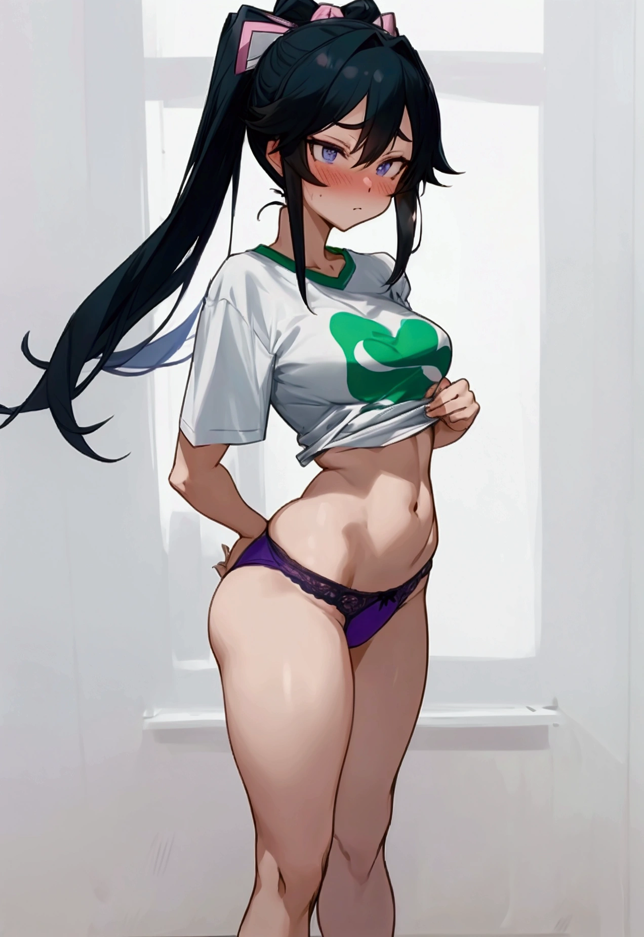 Make me the character Rumi Usagiyama fro My hero Academia who has a sexy body, thighs and buttocks, not too big and not too small, her breasts also not too big and not too small, her face is blushing with a shy and embarrassed expression, she is dressed in a short but loose t-shirt with her abdomen exposed showing her skin and with some violet panties and make me a full body image