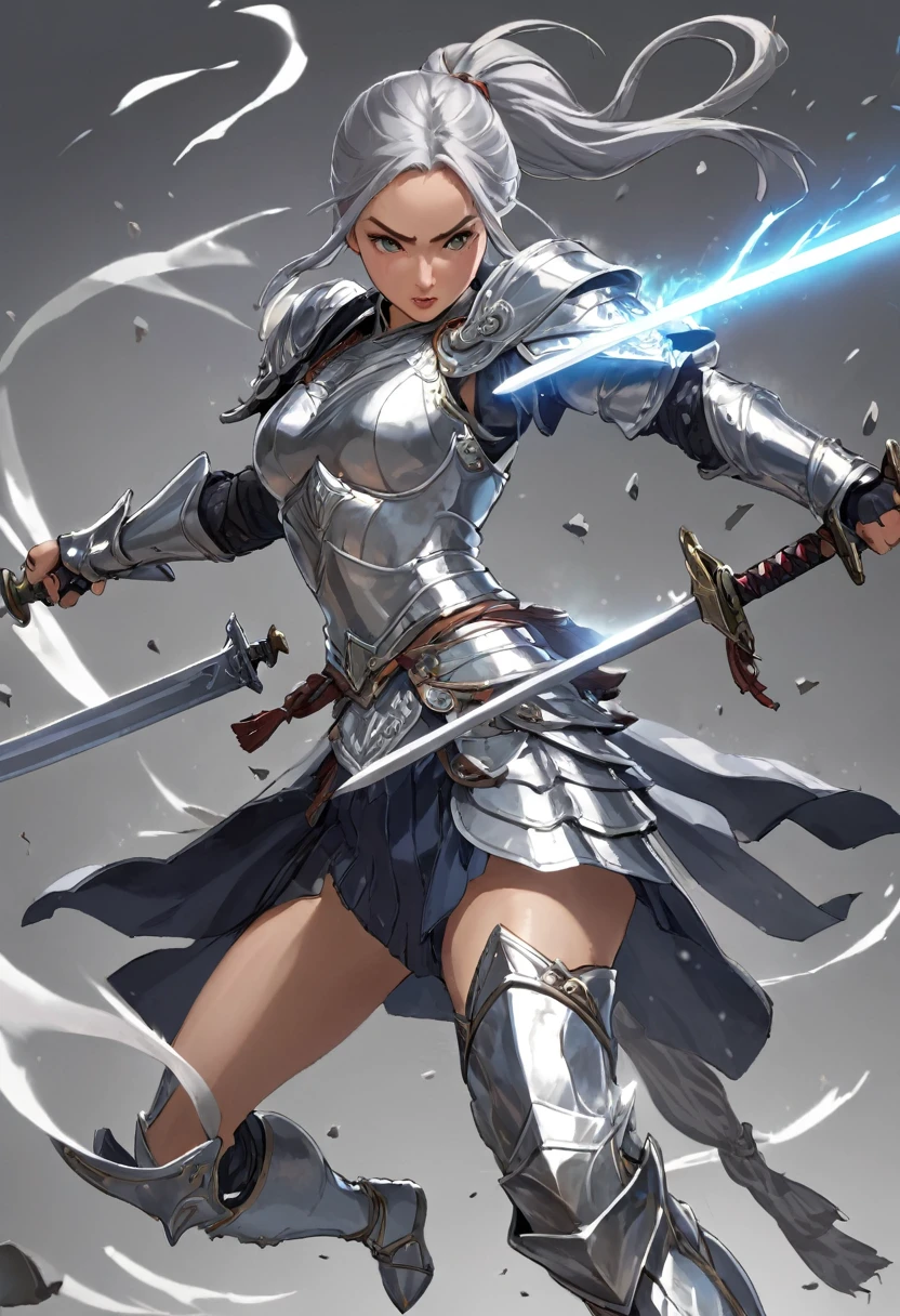 concept art, woman warrior, swordsman, silver armor, multiple poses, slashing attack, blocking, piercing attack, dodging, action scenes, masterpiece, high quality.