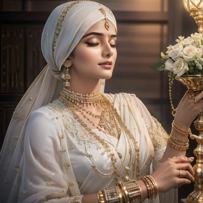 beautiful hijabi , girl in tight white saree, wearing golden bangles bracelets necklaces, swiss polo golden watch, in aeroplane, closed eyes, detailed horny face, cinematic lighting, intricate details, (best quality,4k,8k,highres,masterpiece:1.2),ultra-detailed,(realistic,photorealistic,photo-realistic:1.37),hyper realistic,photorealistic