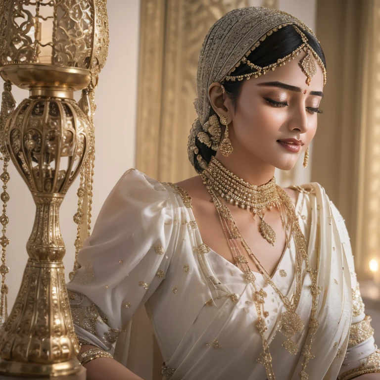 beautiful hijabi , girl in tight white saree, wearing golden bangles bracelets necklaces, swiss polo golden watch, in aeroplane, closed eyes, detailed horny face, cinematic lighting, intricate details, (best quality,4k,8k,highres,masterpiece:1.2),ultra-detailed,(realistic,photorealistic,photo-realistic:1.37),hyper realistic,photorealistic