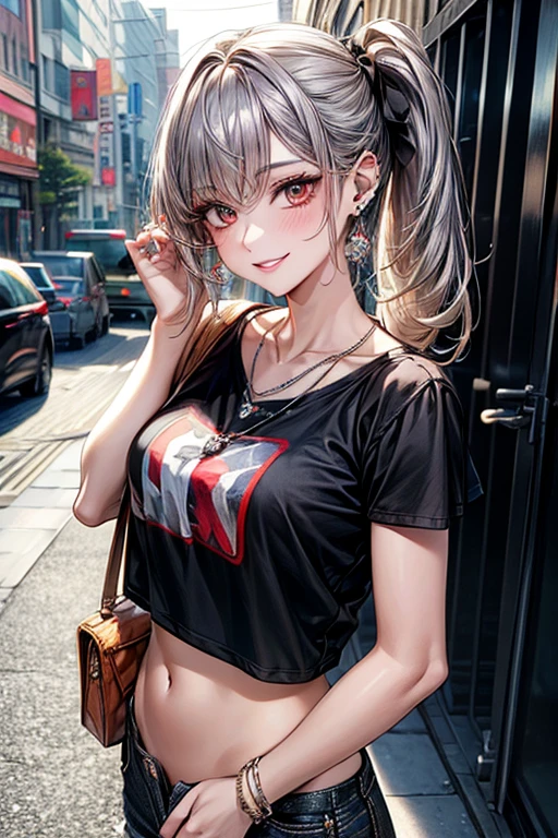 8K, (masterpiece, best quality:1.6), 1 lady, masterpiece, best quality, beautiful eyes, (Perfect Anatomy),
Light ash brown hair color, side ponytail hairstyle:1.8,
black denim shorts, colorful T-shirt, Oversized T-shirt, Cropped T-shirts, bare belly button, loose socks, black baggy socks, colorful sneakers, (Silver ring, colorful earrings, Multiple Piercings,multiple necklaces, bright orange charm necklace, Bold silver bangles, wearing many bangles),
medium chest:1.5, (lovely smile), random erotic pose, (standing), make-up face, glossy lips, Makeup that emphasizes the eyes,
face light, cinematic lighting, sharp focus,
(beautiful scenery), daytime, cityscape:1.2, main street, Tokyo,