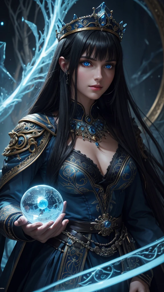  highly detailed, photorealistic, masterpiece, best quality, 8k, ultra-detailed, A close-up of a -yeld, eemely beautiful female face resembling Semiramis with intensely glowing blue eyes emitting blue light and red lips, displaying a cold smile. She has long black hair and is wearing a blue dress and an ornate blue crown. The scene is highly realistic and rendered in 8k resolution, with intricate details, capturing the essence of fantasy art. The glowing blue eyes should be very prominent and luminescent, illuminating the surrounding area.