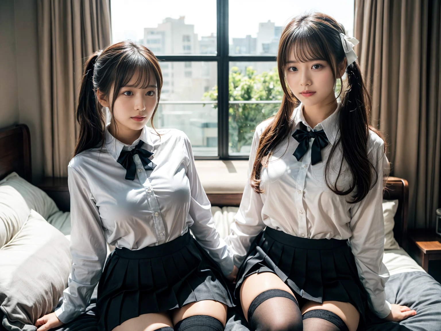 (8K, RAW Photos, Highest quality, masterpiece:1.2), (professional photography, full colors, studio-caliber color grading), (Gravure quality for high-end fashion magazines), (2 girls), BREAK,18 year old girl, (fluffy ponytail:1.2), Big Natural Color Lip, Plumpy body, (smooth skin:1.1), huge breasts,  BREAK, (collared shirt:1.1), pleated skirt, knee high socks, BREAK, hotel room, cute , lolita