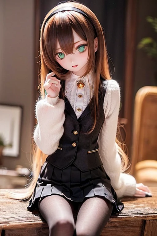 (SFW:2), photorealistic, realistic photo, 8k, ((highest quality)), ((masterpiece)), (extremely detailed), kukolnydom, doll, (mature woman, 21yo, 21 years old, solo:1.6), ((cowboy shot, sitting on chair, head tilt, slim, slender, skinny, medium breasts, hairband, ascot, vest, blouse, long puff sleeves, pleated skirt, black pantyhose)), (green eyes, brown hair, long hair, plastic skin, looking at another, glass eyes, gradient eyes, shining eyes, detailed eyes:1.3)