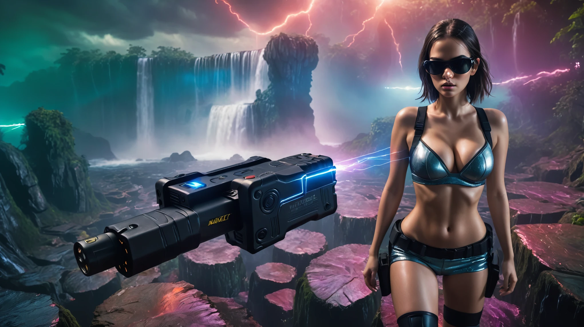 Aerial view, (giant petrified beast), waterfall, sci-fi outdoor maze forest as background. Matrix style, at night, dark sky. (1girl, solo), photo realistic, large-breast:1.2 slim:0.9 body, cleavage:1.2, tube top, miniskirt, (matrix style black sunglasses), (holding a mini:1.1 stun gun), half-body thigh level medium shot, cinematic lighting, ray tracing.
