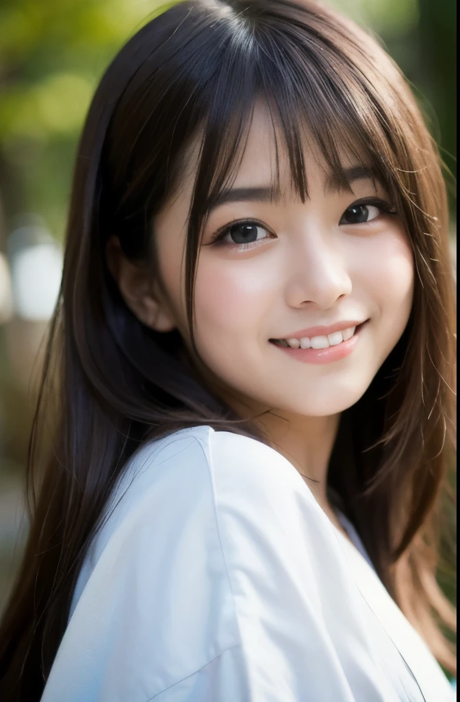 best quality, face focus, soft light, ultra high res, (photorealistic:1.4), RAW photo,(Shinozaki Ai),
1japanese girl, solo, cute, kawaii, smile, (pupil, lights in the eyes),  detailed beautiful face, busty,(high resolution detail of human skin texture),(long hair),(portrait), upper body, white traditional kimono, in the forest,