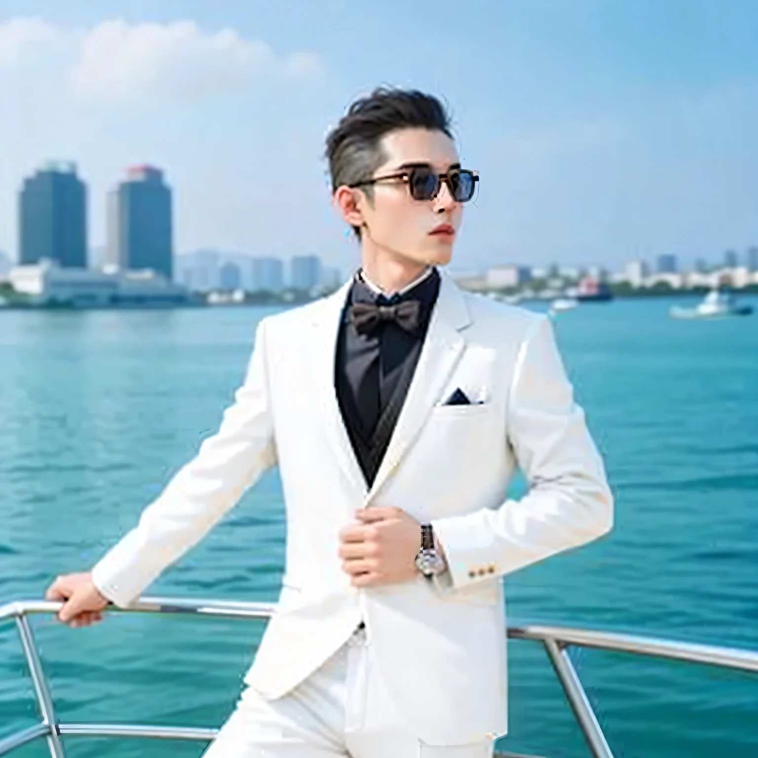 Alatay wearing a white suit,Wearing a bow tie on board, Wearing a white business suit, White suit, White suit and black tie, cai xukun, Wearing White suit,wearing glasses, wearing a white tuxedo, Posture 4 of 1 6, Profile picture 1024px, Wearing a futuristic white suit, Wearing a stylish suit, Lambs Style, Mr. jia