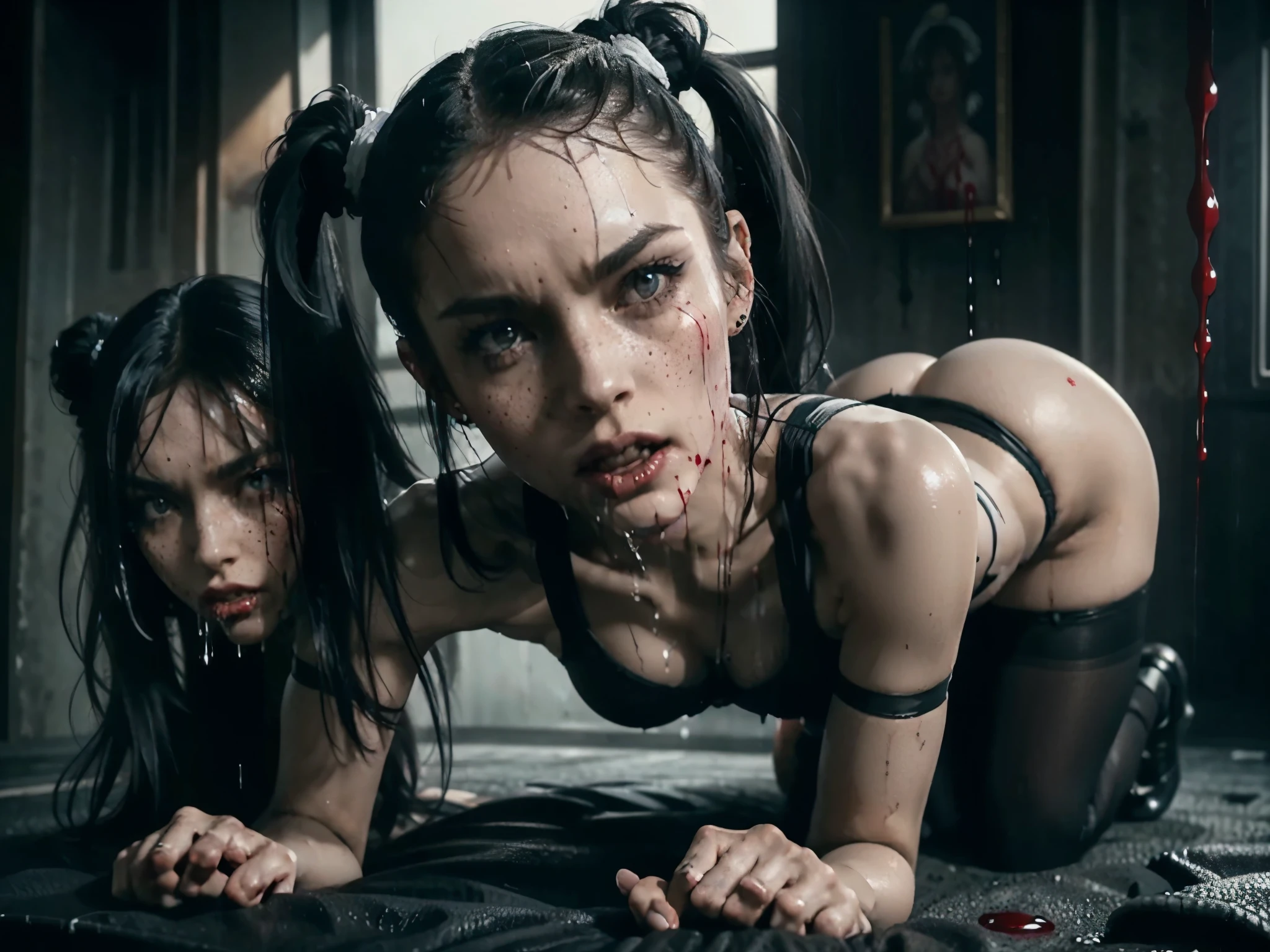 (((red dripping blood))), Her full body is shown giving a Blowjob, She is sucking on a man's penis, she is biting into a man's penis with her sharp fangs intense, super slutty,, POV imamate insertion, (skintight slutty and revealing bodysuit), helpless and at a giantesses mercy ,the 2 women are looking down at you at their feet, ((POV from a Giantess's soon to be human dildo)), ((skirt/pantyhose)), perfect legs and skinny thighs, pantyhose, ((perfect tight ass)), tight wet pussy, giantess, dread, impending death, sex, domination, ((Perfect eyes and face)), ((closed wet full lips)), ((perfect hands and fingers)), ((( a lot of white cum is dripping out of her pussy))), ((she has a skinny and toned strong body)), ((makeup)), ((freckles)), ((perfect eyebrows)), ((sharper edges)), ((perfect scary grey eyes)), perfect intimidating face, slut, sadistic, predatory, better detail on her skin, perfect face and strong jawline, perfect full wet lips, sadistic atmosphere, wet sweaty skin, more detail, beautiful intimidating grey eyes, ((beautiful horror)), better lighting, more toned muscles, perfect detail on her intimidating eyes, very tight underwear, ((tight pussy)), (((tighter clothing))), slutty, intense, perfect detail, tight and sexy, ((piercings)), better detail on her bellybutton, skinny, skinny and strong, more skin showing, intense, slutty, freckles, long skinny perfect legs, scary and intense, she is a skinny and toned 25 year old sexy and perfect and intimidating Japanese/American skinny/tone futuristic evil retribuition alice, pale white skin, eye contact, (full tall body is shown), (((hair with short ponytails and bangs))), , perfect face and eyes, she has a skinny and athletic body wearing pantyhose, only her full body is shown above the viewer looking down at him, perfect face, perfect strong jawline, perfect lips, best resolution, perfect bone structure, femdom, she has a skinny and toned young perfect body and legs, tight stockings and garter belt, looking do