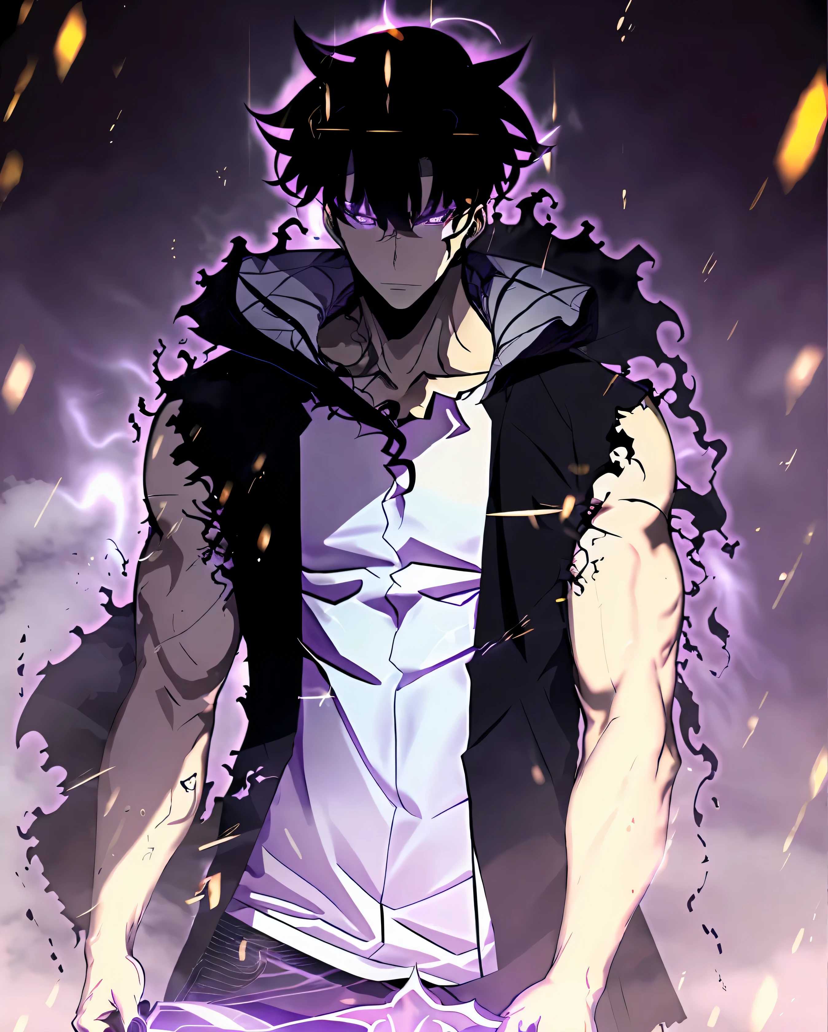 Sung Jin Woo 1 male 20 years old, handsome body, cool face, black hair, purple eyes, trained, black vest, dark city view, solo, many cool poses rushing towards the viewer, holding a sharp small sword with nice details.