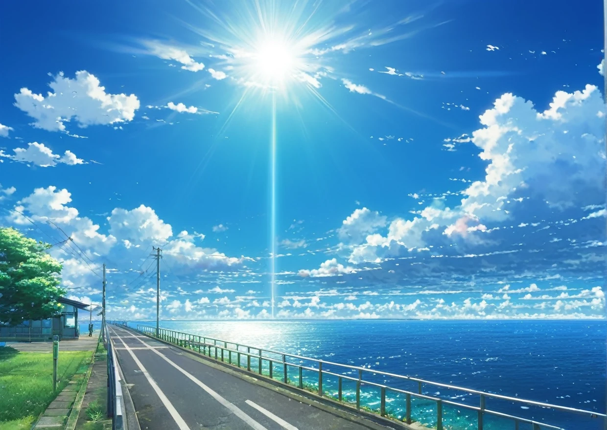train、Embankment、bus stop、、Small countryside scene、Embankment沿い、a picture of the sky with cloud and sun shining in the background, beautifull puffy cloud, anime sky, blue sea. by makoto shinkai, beautiful anime scenery, Space Sky. by makoto shinkai, anime. by makoto shinkai, by makoto shinkai, by makoto shinkai, ( ( Makoto Shinkai ) ), anime scenery, anime atmospheric, style of Makoto Shinkai, Makoto Shinkai. —h 2160, Makoto Shinkai. Attention to detail, wallpaper anime blue water, Bright Sky、Heaven Background, cloud. Fantasy, anime landscape wallpaper, Makoto Shinkai art style.(Quality-8k)