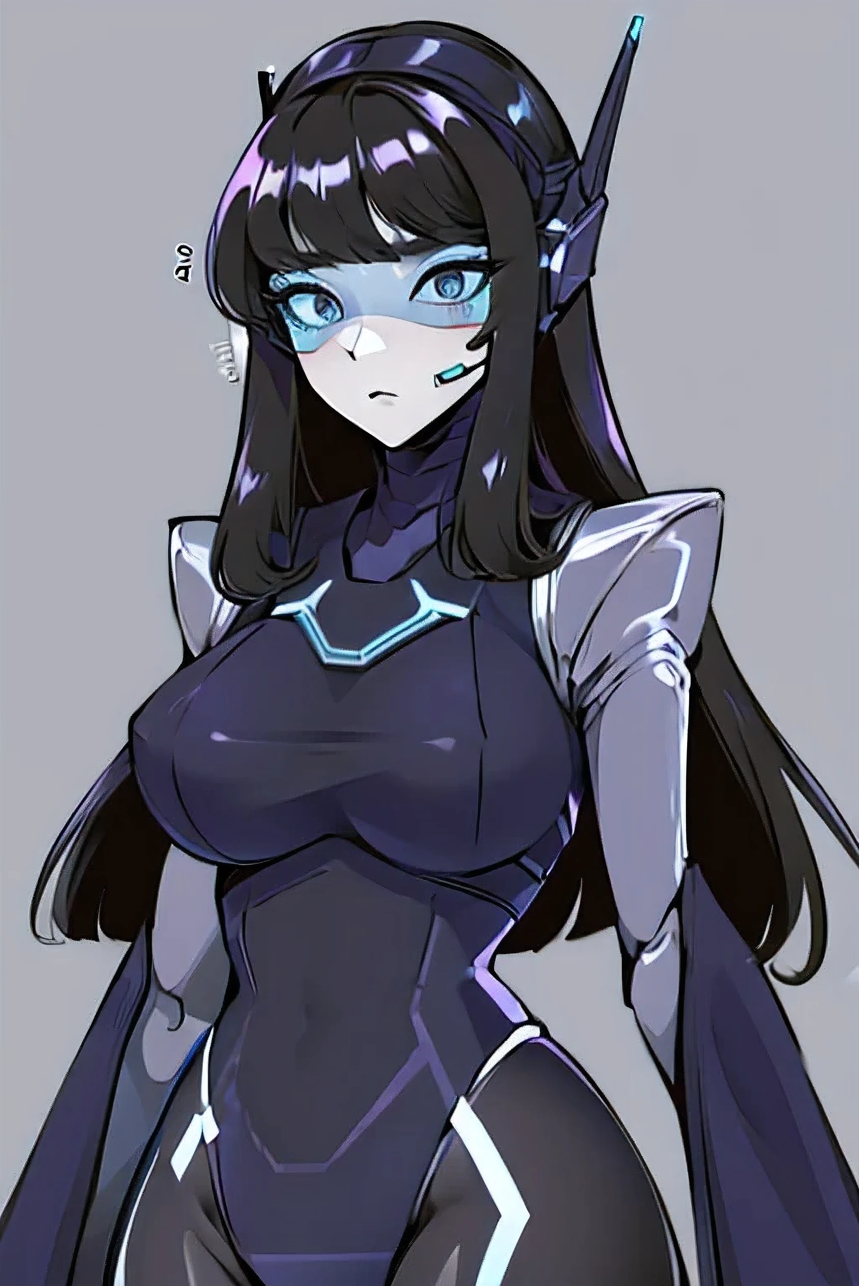 empty eyes,robotization,woman ,big bust,Robot Joint ,Metal skin,Black Suit,long hair,a suit that covers the whole body