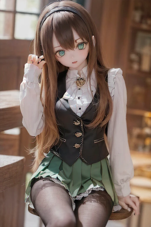 (SFW:2), photorealistic, realistic photo, 8k, ((highest quality)), ((masterpiece)), (extremely detailed), kukolnydom, doll, (mature woman, 21yo, 21 years old, solo:1.6), ((cowboy shot, sitting on chair, head tilt, slim, slender, skinny, medium breasts, hairband, ascot, vest, blouse, long puff sleeves, pleated skirt, black pantyhose)), (green eyes, brown hair, long hair, plastic skin, looking at another, glass eyes, gradient eyes, shining eyes, detailed eyes:1.3)